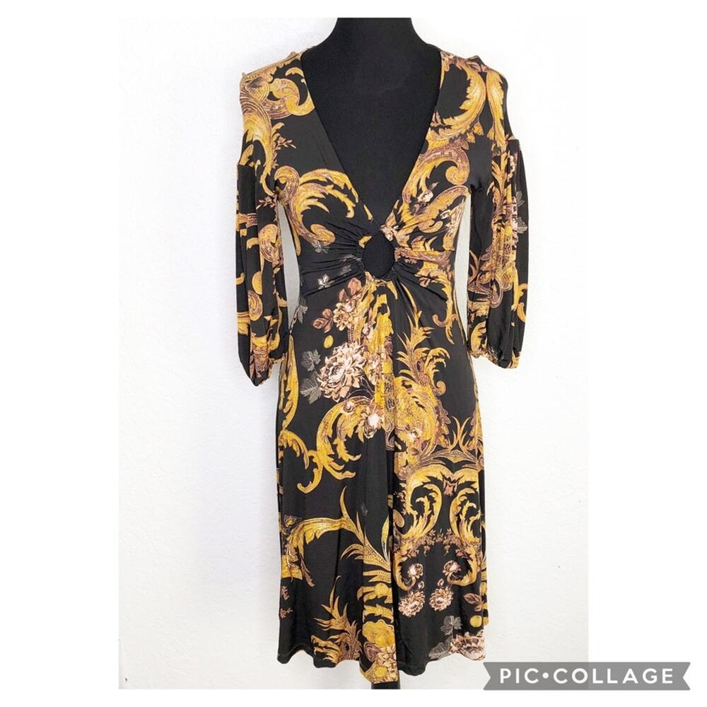 Just Cavalli black gold floral paisley v neck cutout dress size IT 42 or US 6